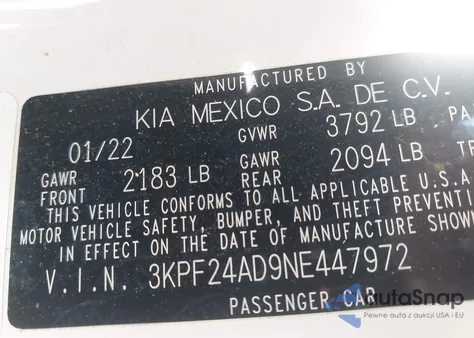 2022 Kia Forte Fe из США, поврежденный, VIN 3KPF24AD9NE447972